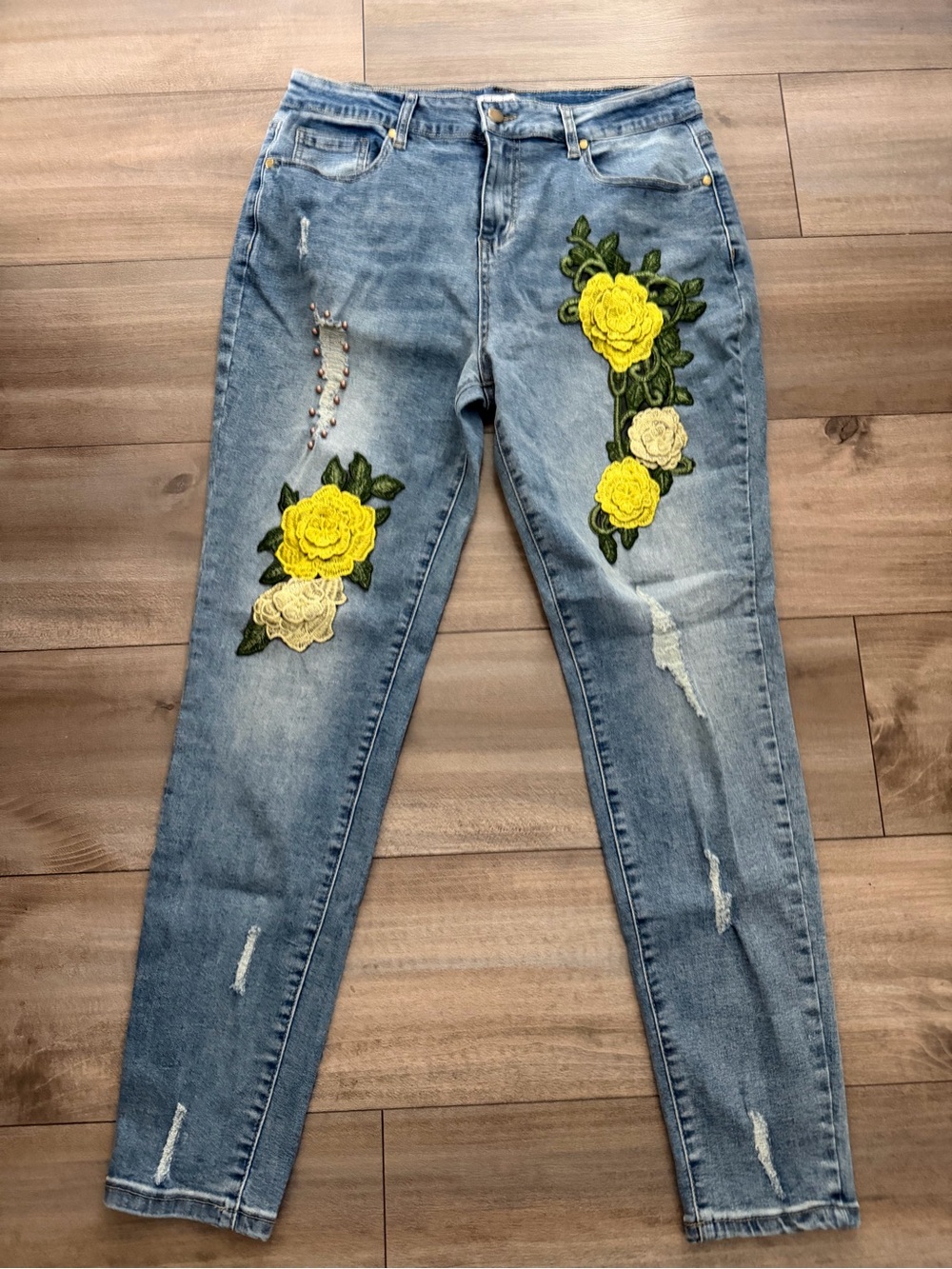 K Jordan Light Blue Skinny Jeans with Yellow & Cream Rose Appliqués